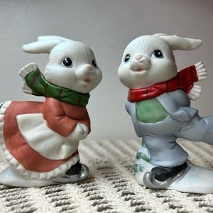 Vintage Homco Christmas figurines, homeco skating bunnies, ceramic bunnies